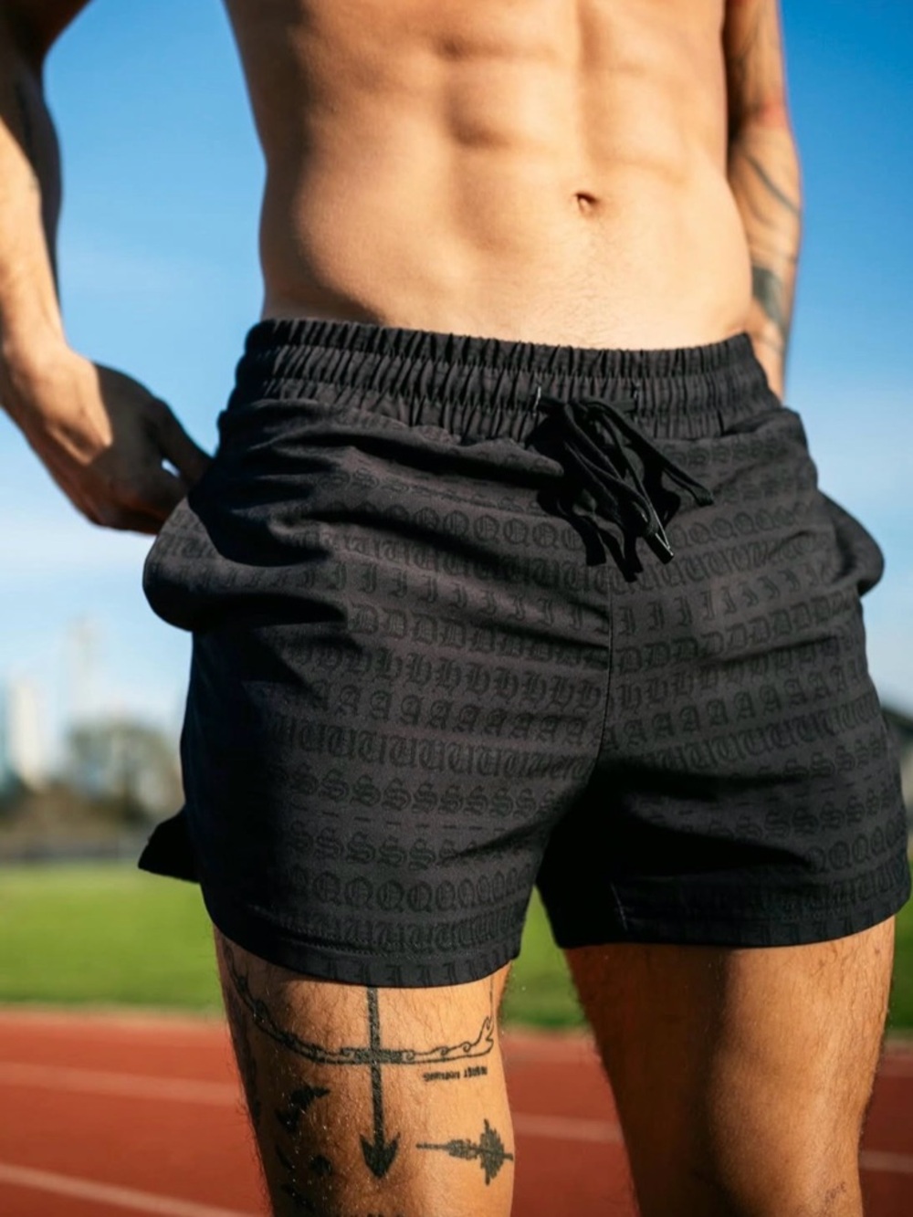 Men's Black Athletic Swim/Training Shorts - Branded Jacquard Pattern